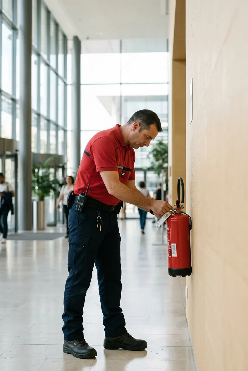 Agent de sécurité incendie vérifiant un extincteur dans le hall d'un bâtiment tertiaire