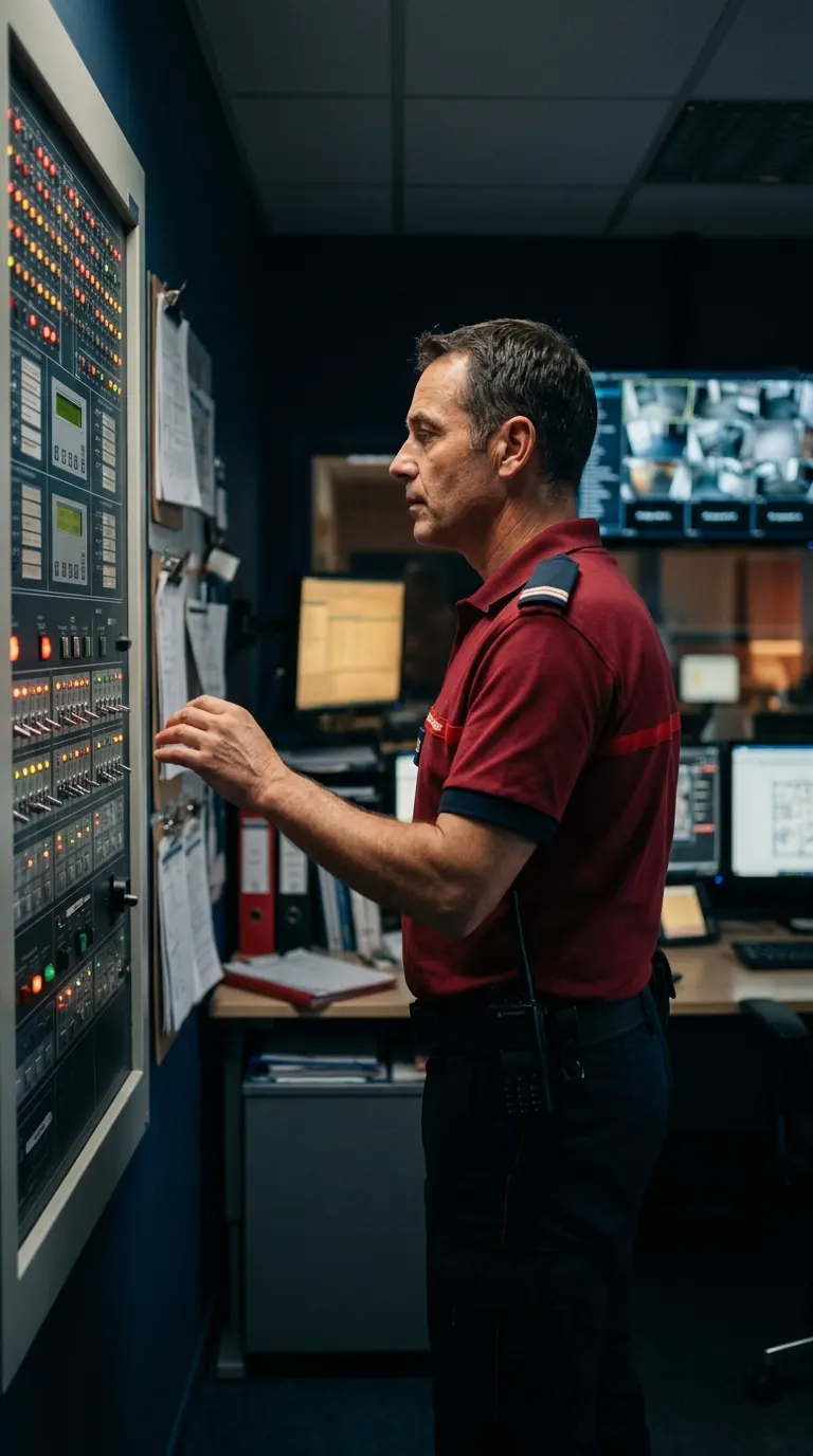 Agent SSIAP devant le tableau de contrôle d'un poste central de sécurité