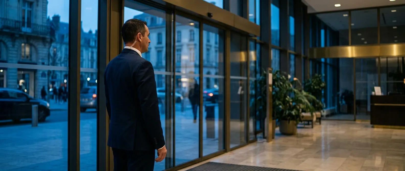 Agent de sécurité en costume surveillant l'entrée vitrée d'un immeuble de bureaux